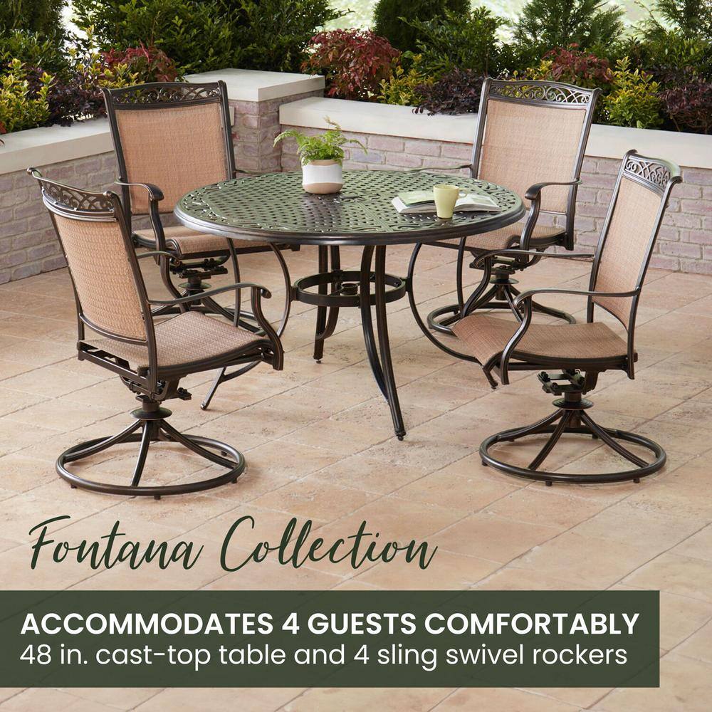 Fontana Bronze 48" Round Cast-Top Table with Tan Sling Swivel Chairs