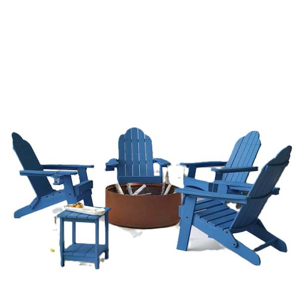 LUE BONA Navy Blue Folding Outdoor Plastic Adirondack Chair with Cup Holder Weather Resistant Patio Fire Pit Chair Set of 4