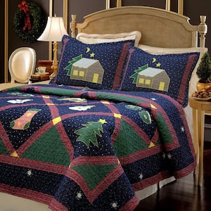 Christmas Silent Night Starry Sky Cabin 3-Piece Blue Green Red Holiday Patchwork Applique Cotton Queen Quilt Bedding Set