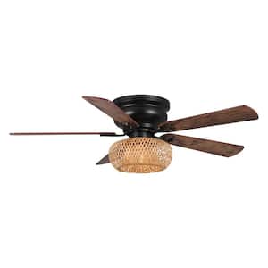 48 in. Farmhouse Bamboo Flush Mount Matte Black Ceiling Fan with Remote Control and Light Kit