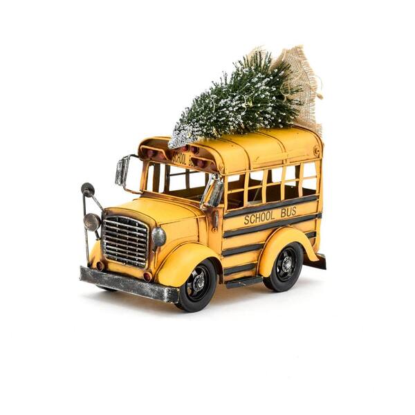 Sturdy 12.5" Metal Vintage Old School Style Model SCHOOL BUS w/ Christmas Tree 