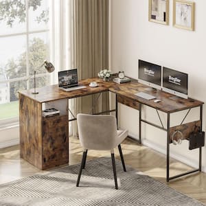 60 in. L shaped Rustic Brown Wood Desk with Cabinet and Hooks