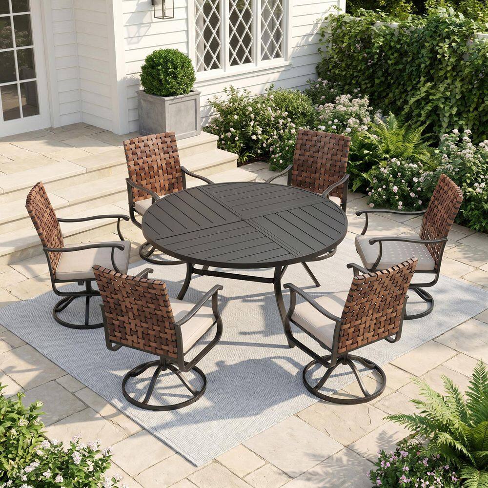 7-Piece Metal Outdoor Dining Set with 53.1 in. Black Round Table and 6 Brown Wicker Swivel Chairs with Beige Cushions price history on PriceWatchPro