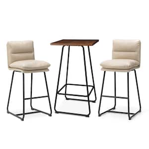 Pub Table Set - Modern Square Bar Table with Walnut Veneer Top and Cream Thick Leatherette Bar Stools (Set of 3 )