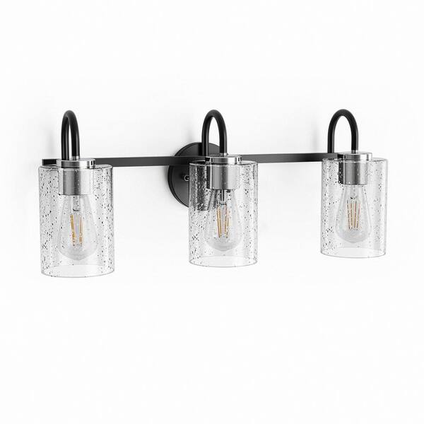 Briignite 24 in. 3-Light Matte Cylinder Black Vanity Light with Clear Glass Shade Dimmable for Bathroom