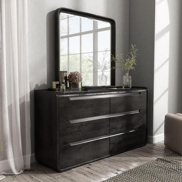 Furniture of America Wilter Black 6-Drawer 66 in. Dresser with Mirror with Rounded Edges and Nickel Finish Stainless Steel Trim
