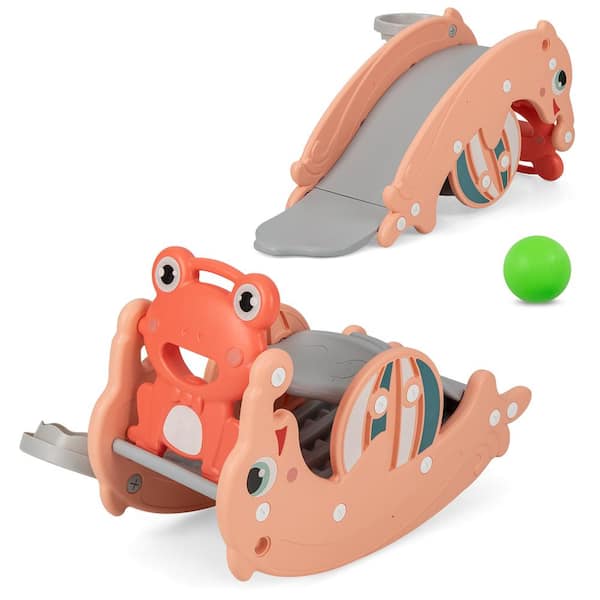 Gymax 3-in-1 Kids Slide Rocking Horse Set Convertible Toddler Slide with Basketball Hoop Pink