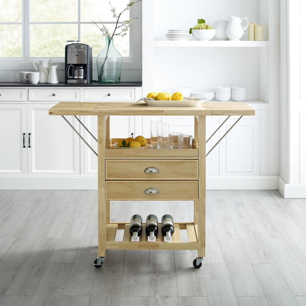 Bristol Natural Wood Drop-Leaf Kitchen Cart with Storage