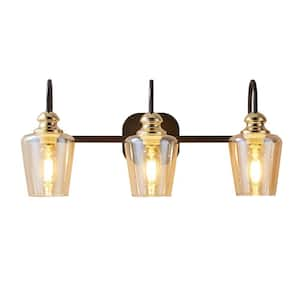 22.6 in. 3-Light Black Golden LED Vanity Light with Bubble Bordeaux Shades