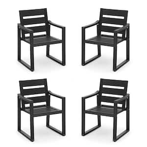 Stationary Stackable Square-Leg Plastic Wood All-Weather Outdoor Patio Dining Chairs in Black(set of 4)