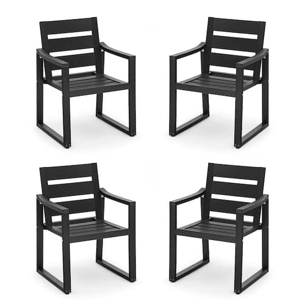 LUE BONA Stationary Stackable Square-Leg Plastic Wood All-Weather Outdoor Patio Dining Chairs in Black(set of 4)