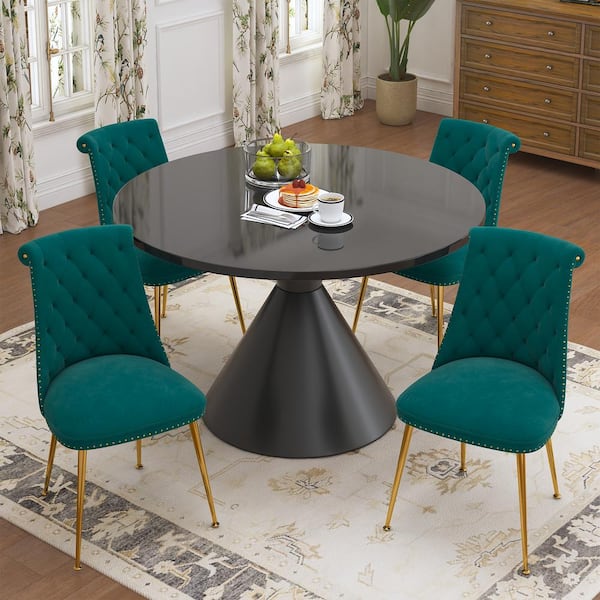 Boyel Living 5-Piece Round Black MDF Top Table Set Seats 4 (4-Green Dining Chairs)