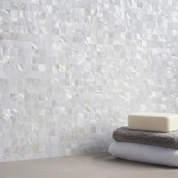 Mother Of Pearl Serene White Squares 12 in. x 12 in. Seamless Pearl Shell Glass Wall Mosaic Tile