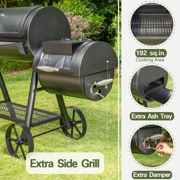 PHI VILLA THD-E02GR016 Extra Large Heavy-Duty Offset Charcoal Smoker in Black - 3