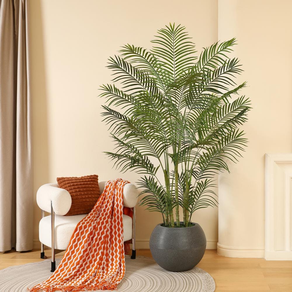 7 ft Green Artificial Palm Tree with Gray Round Planter