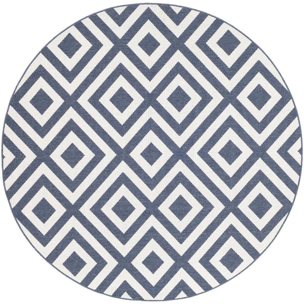 Livabliss Breckenridge Navy 8 ft. 9 in. x 8 ft. 9 in. Round Geometric Indoor/Outdoor Patio Area Rug