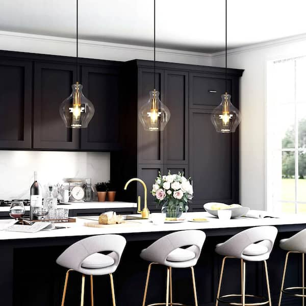 Transitional Bell Kitchen Island Pendant Light 1-Light Black and Brass Modern Pendant Light with Clear Glass Shade