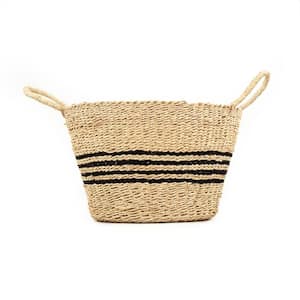 Hand Woven Wicker Seagrass and Palm Leaf Large Basket with Dark Stripes and Handles