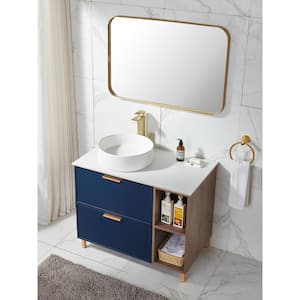 36 in. W x 20 in. D x 34 in. H Bathroom Vanities in Blue & Wood Grain with Vessel Ceramic Sink and White Marble Top