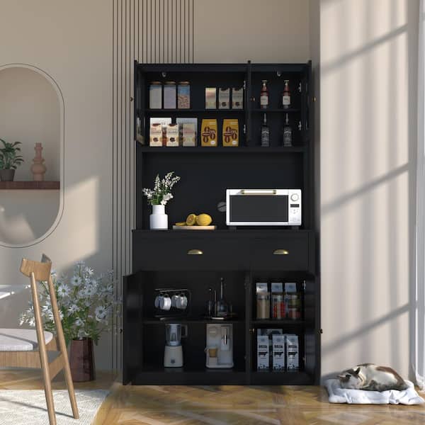 Black MDF 39.4 in. Sideboard Food Pantry Kitchen Buffet and Hutch with 4-Adjustable Shelves and 2-Drawer