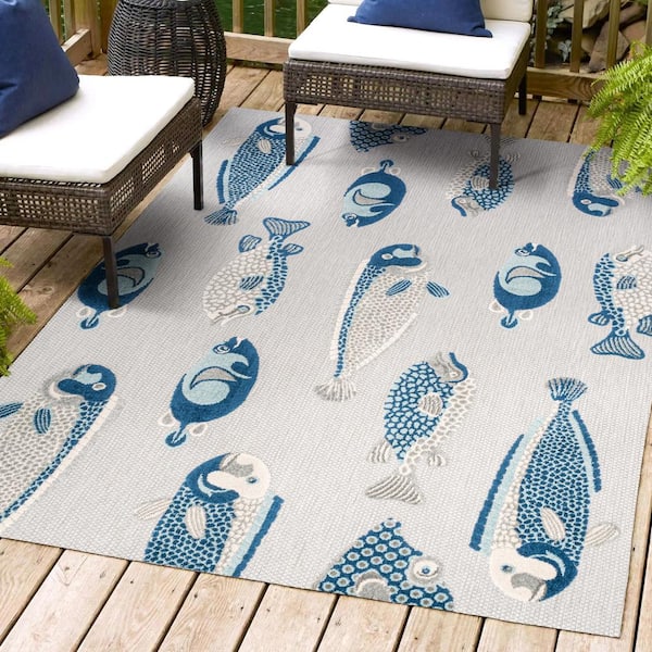 JONATHAN Y Nerja Coastal Fish High-Low Gray/Navy 5 ft. x 8 ft. Indoor/Outdoor Area Rug