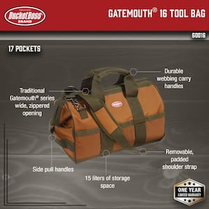 Gatemouth 16 in. Tool Bag in Brown and Green with 16 Pockets