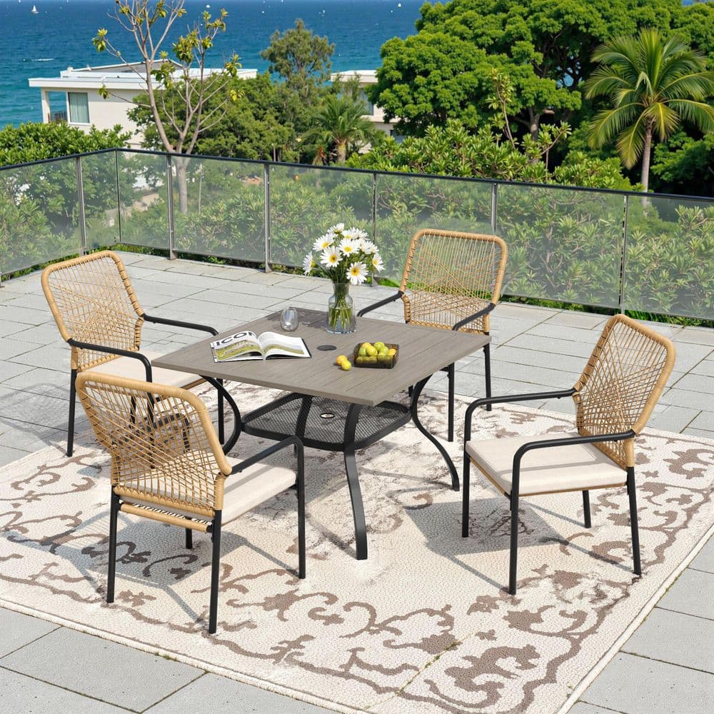 5-Piece Metal Patio Dining Set with 37.8 in. Gray Wood-Like Square Table and 4 Woven Rattan Chairs with Beige Cushions price history on PriceWatchPro