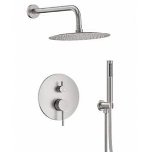 Single Handle 10 in. Round Wall Mount 2-Spray Shower Faucet 2.5 GPM with Pressure Balance Valve in Brushed Nickel