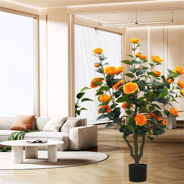 Garvee 1 Pack 3. 3FT Artificial Camellia Tree in Pot, Orange