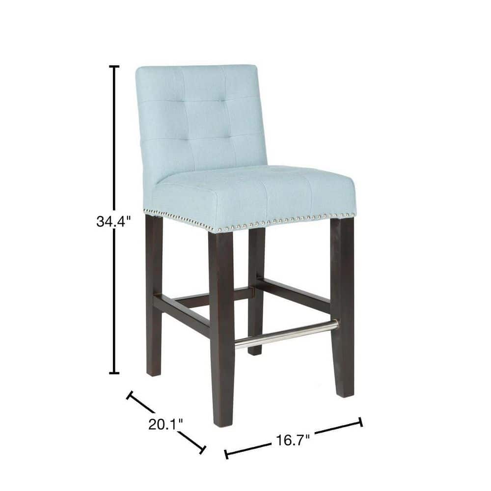 Transitional Sky Blue Leather & Metal Counter Stool with Silver Nailheads