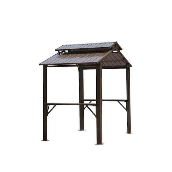 8 ft. x 5 ft. Brown Hardtop Grill Gazebo Permanent Sun Shade Grill Canopy Shelter with 2 Side Shelves and Ceiling Hook