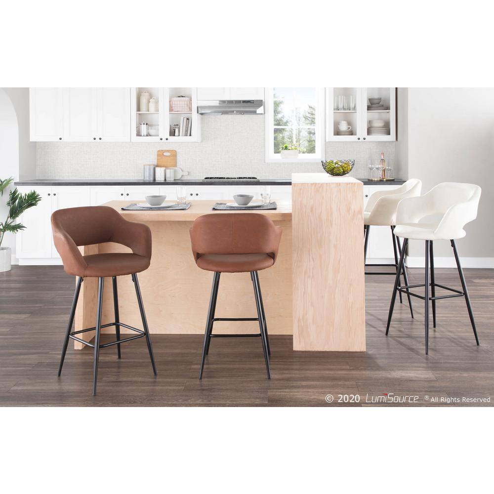 Set of 2 Black Metal and Cream Faux Leather Bar Stools