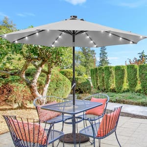 9 ft. Solar LED Market Patio Umbrellas with Solar Lights and Tilt Button in Gray