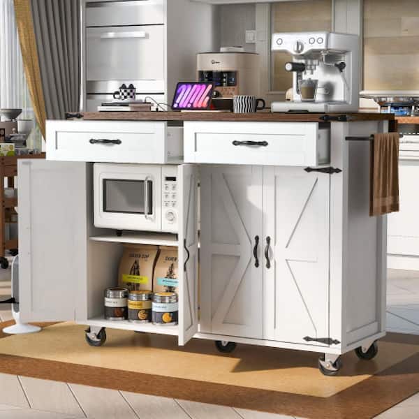 White Wood 53.5 in. W Farmhouse Rolling Kitchen Island Cart with Drop Leaf and Power Outlet