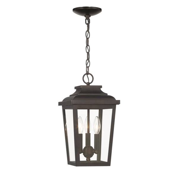 the great outdoors by Minka Lavery Irvington Manor 15.5 in. 3-Light Chelesa Bronze Dimmable Outdoor Pendant Light with Clear Glass and No Bulbs Included
