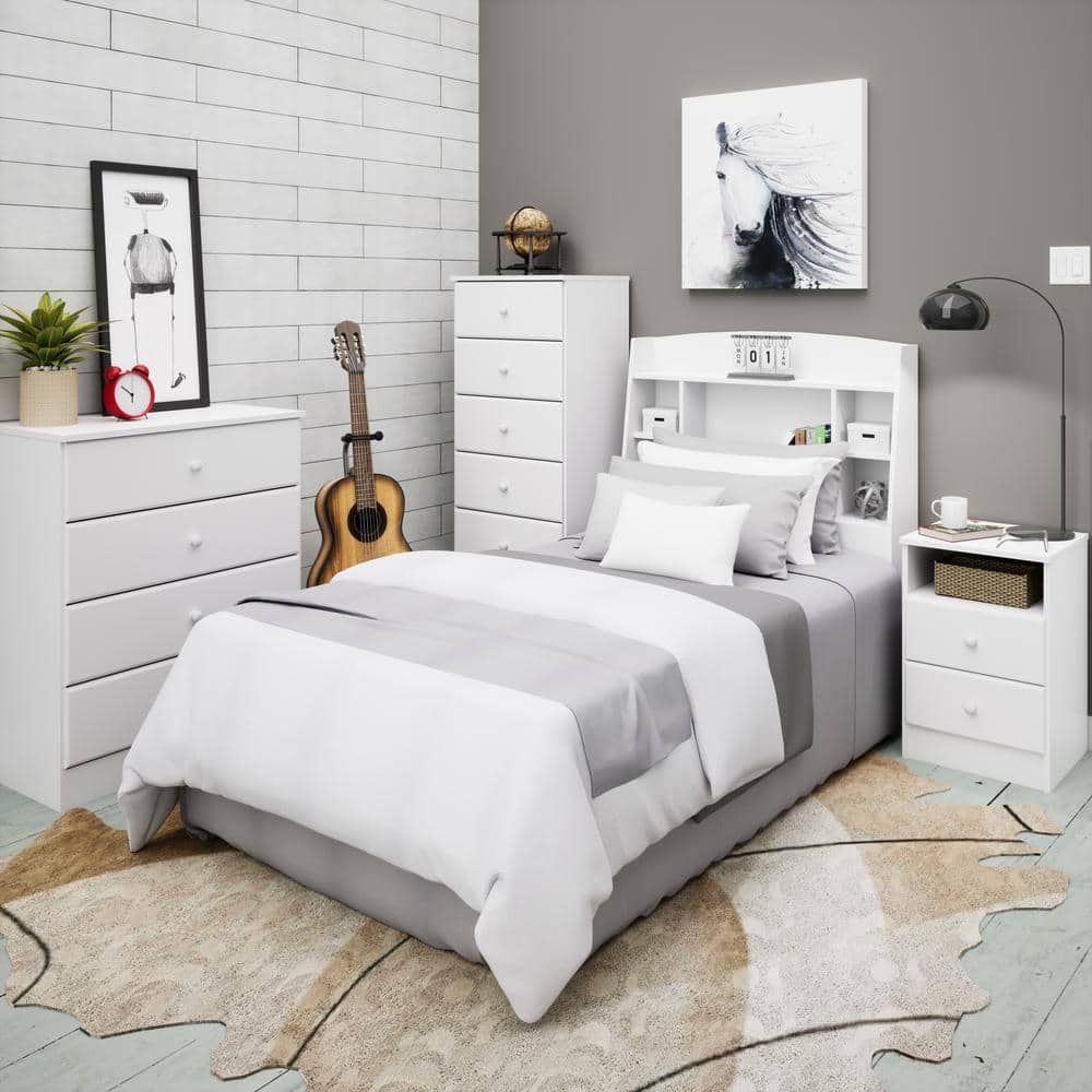 White Twin Wood Bookcase Headboard with Storage