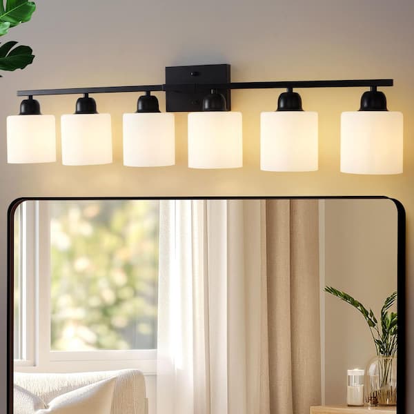 38 in. 6-Light Black Modern Vanity Light Wall Lamp Sconce Over Mirror with Frosted Milky White Glass Shade