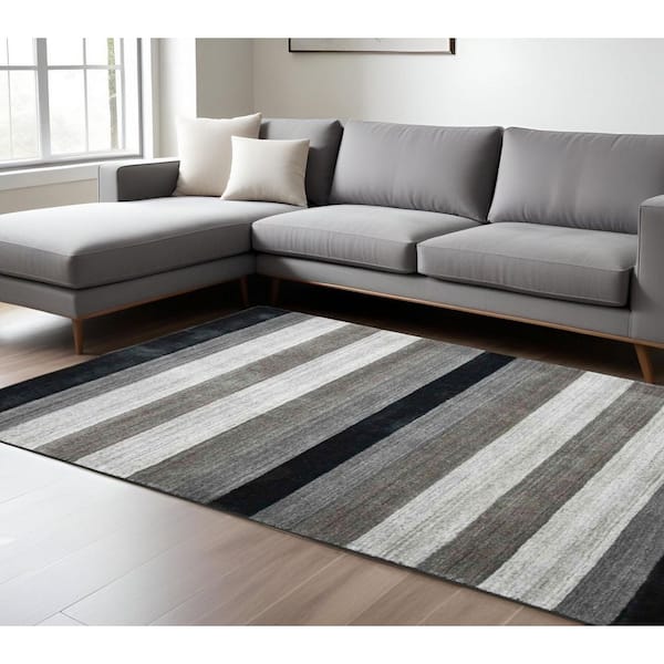 10 ft. x 14 ft. Black and Gray Wool Striped Hand Woven Area Rug