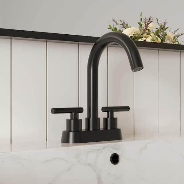 4 in. Centerset Double Handle High Arc Bathroom Faucet with 360° Swivel Spout in Matte Black (Valve Included)