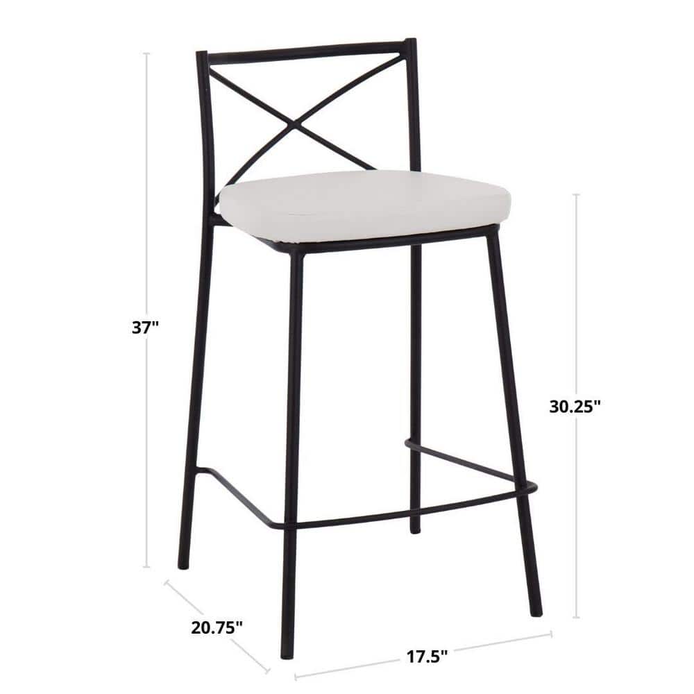 Charlotte 25" Black Metal and White Faux Leather Counter Stool Set