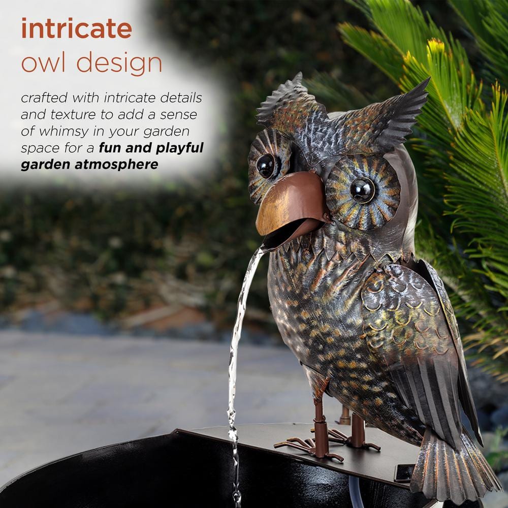 23" Brown Metal Owl Fountain with Tub