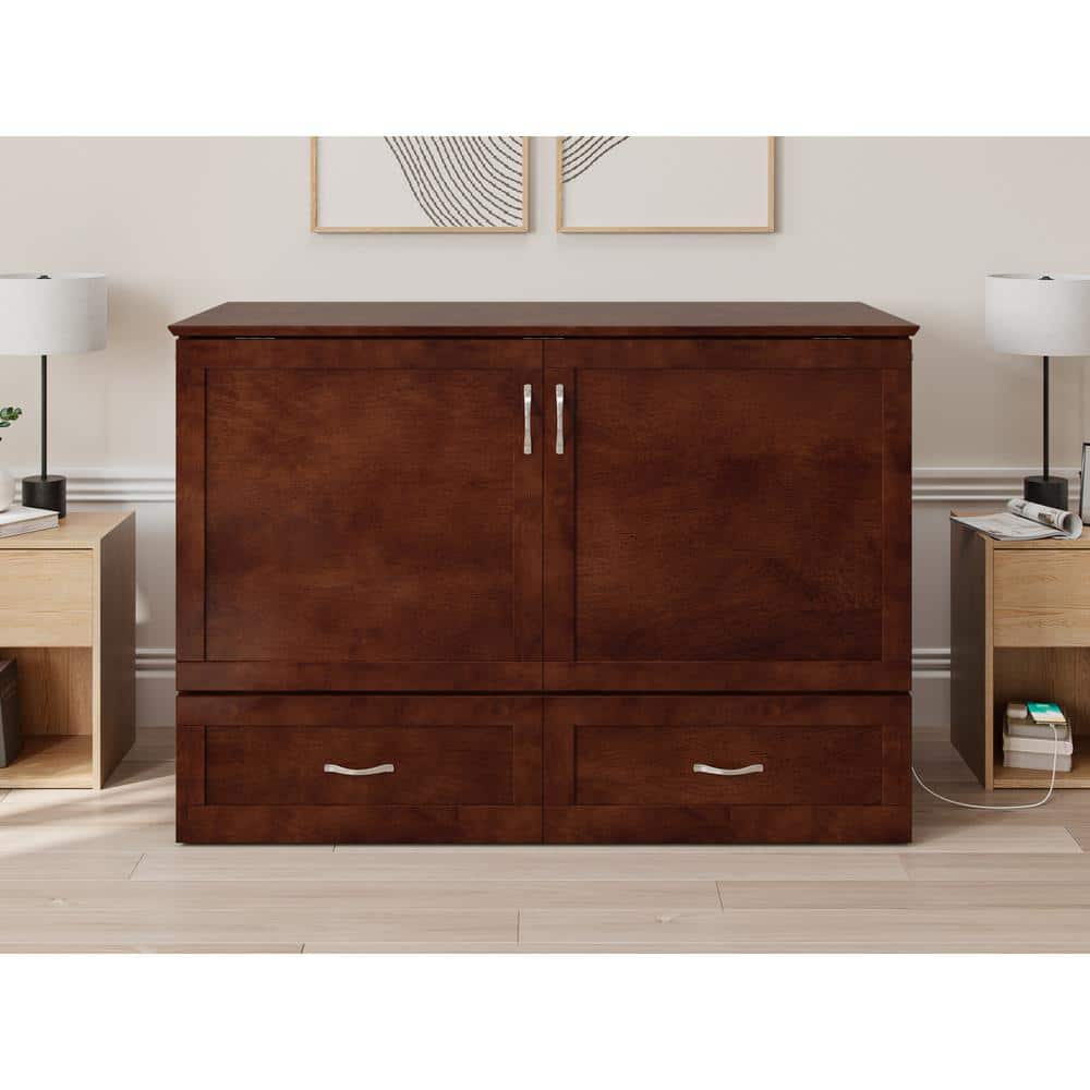 Walnut Full Murphy Bed Chest with Upholstered Wood Frame and Drawer