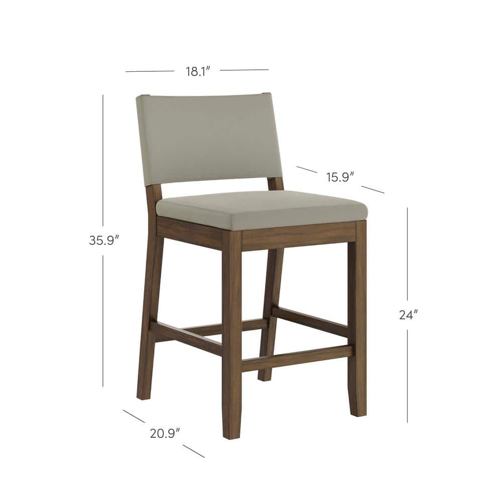 Linus Light Gray Upholstered Counter Height Bar Stools with Dark Brown Wood Legs, Set of 2