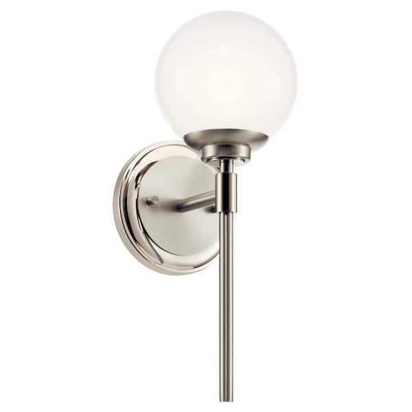 KICHLER Benno 1-Light Polished Nickel Bathroom Indoor Wall Sconce Light with Opal Glass Shade