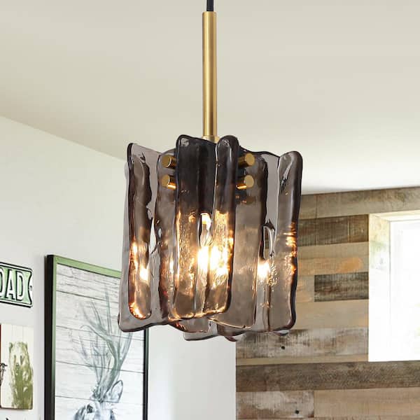 4.7 in. Modern 1-Light Brass Mini Pendant Light with Square Textured Smoky Gray Glass Shade