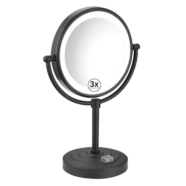 BWE 8 in. W x 8 in. H Small Round 1x/3x Magnifying 3-Color-LED Touch Screen Port Tabletop Makeup Mirror in Black