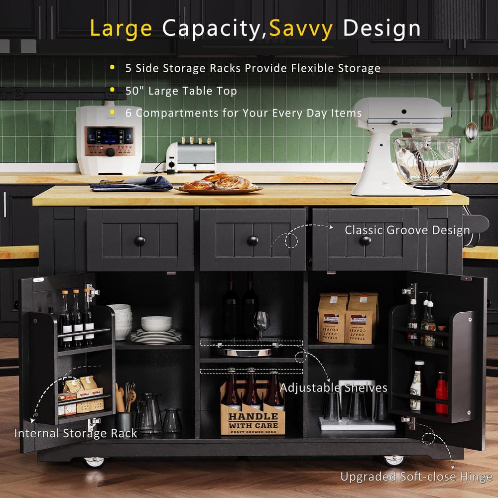 Gray Blue Kitchen Cart with Drop-Leaf Tabletop, Internal Storage Racks, 2 Bar Stools, Power Outlet, 5 Open Side Racks - thumbnail 4