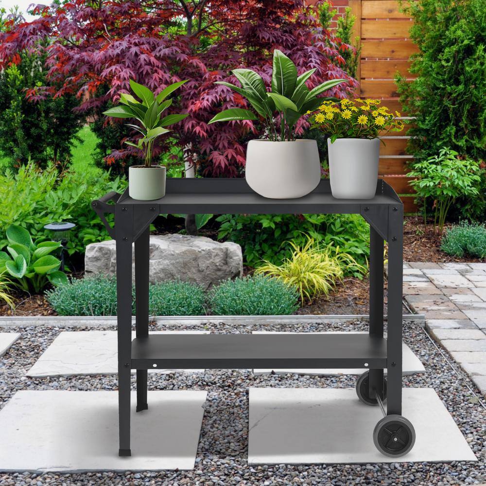 Graphite 2-Wheeled Aluminum Outdoor Garden Cart with Shelf