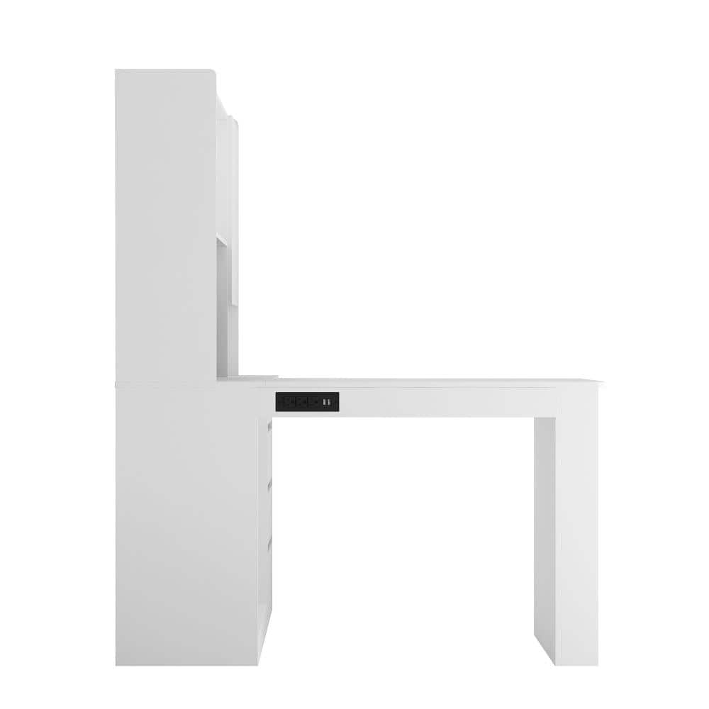 46 in. L-Shaped White Particle Board Computer Desk with Drawers and Bookshelf, with Charging Station and LED Light price history on PriceWatchPro