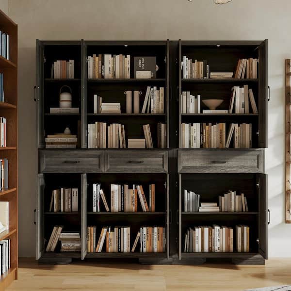 78.7 in. Tall Dark Oak Wood 15-Shelf Traditional Bookcase with Cabinet Doors, Storage Drawers, and Anti-Tip Kit